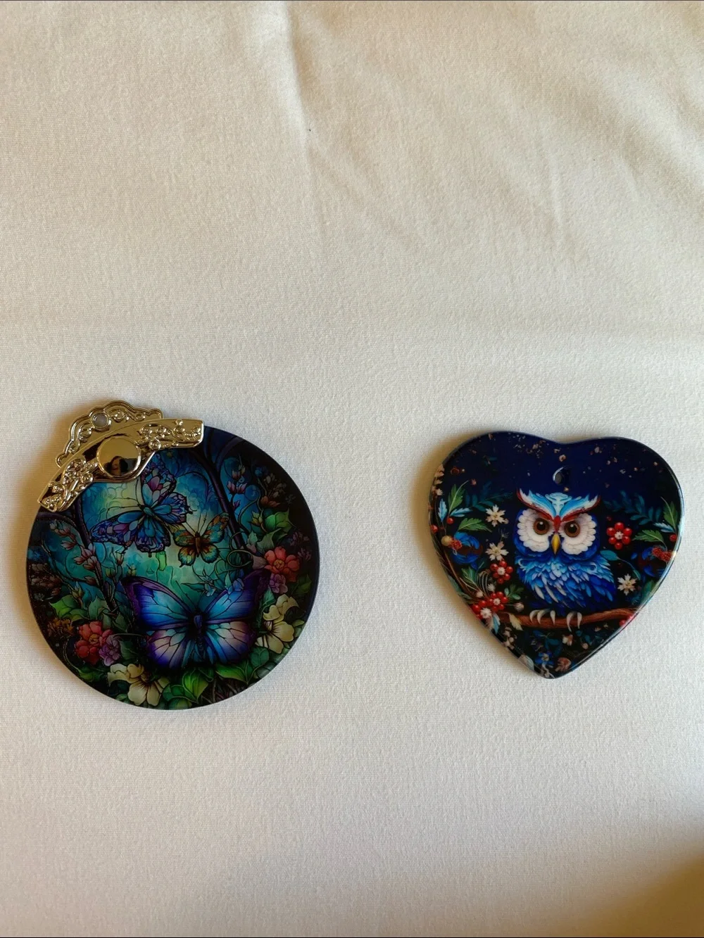 Colorful Heart Blue Owl Ornament and Stained Glass Butterfly Ornament Pair